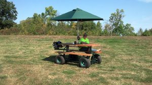 "This is my gas-powered/hydrostatic-drive picnic table that my boyfriend and I built. It has a white piston pump and Eaton wheel motors. Top speed is about 10mph." - submitted by Denise Lange, Hennepin Technical College